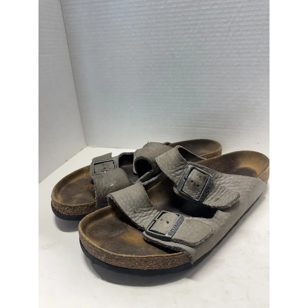 Birkenstock Arizona Grey Leather Two Strap Buckle Slide Sandals Mens 43 10